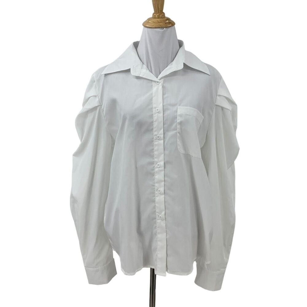 Dream Architect Shirt Womens S White Pleated Shoulder Ruched Button Up Pocket